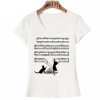 Funny Vintage Cats And Music Sheet Note Print T Shirt Fashion Women Short Sleeve Cute Girl Casual Top Kitten Harajuku White Tees XS-6XL