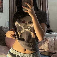 Simon 2022 Crop Top Y2k ผู้หญิง Dark O คอสั้นแขนเสื้อเหงื่อ Graphic Skull Pattern เสื้อผ้า