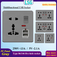 LSG เต้ารับปลั๊กไฟ เต้ารับอเนกประสงค์ พร้อมสวิตช์ไฟแสดงสถานะ เกรย์ PCแผงพลาสติกหน่วงไฟ 13A 250V เต้ารับไฟฟ้ามาตรฐานสากล 86/146 ประเภทซ็อกเก็ตเดี่ยวและคู่ 5 รูซ็อกเก็ตบ้าน ซ็อกเก็ต 2.1A คู่ USB ปลั๊กไฟ ผนัง