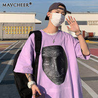 MAYCHEER เสื้อยืดผู้ชายตัวอักษรใบหน้าแขนสั้นผู้ชายฮิปฮอปแนวโน้มแห่งชาติหลวมครึ่งแขนอินสตาแกรมแนวโน้มคู่