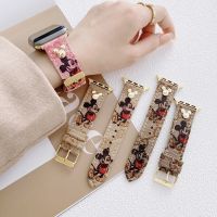 ❉✕ Disney Mickey Strap For Apple Watch 44 40 38 42 mm Watchband bracelet Canvas Textured Leather Strap For Iwatch Series 6 Se 543