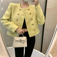 Vintage Double Breasted Tweed Jacket Women Korean Long Sleeve Fashion Designer Short Coat Luxury nd Elegant Party Outerwear