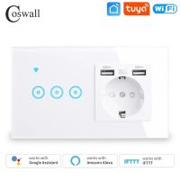 COSWALL EU Socket +2 USB Charging Port   Wifi Touch Wall Light Switch Work With Alexa Google Home IFTTT Tuya Smart Life EWelink Ratchets Sockets