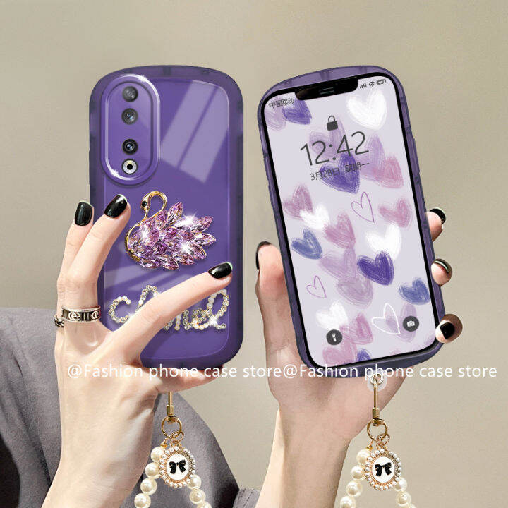 phone-case-เคส-honor90-honor-90-lite-5g-หรูหราหรูหราพลอยเทียมหงส์สายคล้องไข่มุกปกป้องเลนส์2023สีทึบซองนุ่มใส