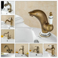 Bathroom Vintage Faucet Single Handle Deck Mount Basin Vessel Sink Mixer Tap Antique ss Dolphin lavatory Sink Crane