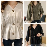 Womens Casual V Collar Button Long Sleeve Solid Blouse