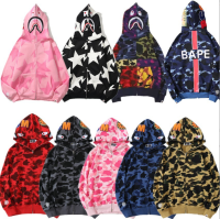 BAPE เสื้อสเวตเตอร์มีฮู้ดลายพรางปลาฉลาม,เสื้อโค้ทมีฮู้ดแบบมีซิปใส่ได้ทั้งชายและหญิงเสื้อกันหนาวคู่รักทรงหลวมบางสไตล์ฮาราจูกุญี่ปุ่น