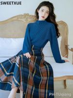 【LZ】๑℡  Camisola azul retrô de manga comprida e saia xadrez feminina roupa coreana elegante moda feminina outono inverno novo conjunto de 2 peças 2022