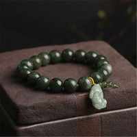 Natural Grade A Jade Jadeite Round Bead With Hand-Carved Pixiu Charm Link Bracelet Men and Women Adjustable Bangle Lucky Jewelry