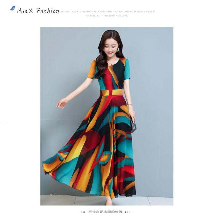 huax-ผู้หญิงแขนสั้นชุดเอวสูงแฟชั่นคอกลมเอวสูงสบายๆขนาดใหญ่หลวม-maxi-dress