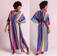 --D0512 Europe and the United States polyester chromatic stripe beach blouse loose dress robes sunscreen shirt bikini tunic