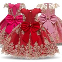 Red Bow Baby Girl Clothes Flower Princess Party Dresses Print Birthday Tutu Dress Luxury Childrens Clothing  Christmas Clothes Dresses