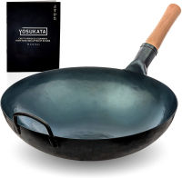 Yosukata Blue Carbon Steel Wok Pan – 14" Woks and Stir Fry Pans - Chinese Hammered Wok Round Bottom Pow Wok - Traditional Chinese Japanese Woks - Blue Steel Wok (14", Blue) 14" Blue