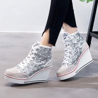 Women Shoes Pink Black Silver Glitter Vulcanize Woman Platform Wedge Sneakers Casual Zapatos De Mujer