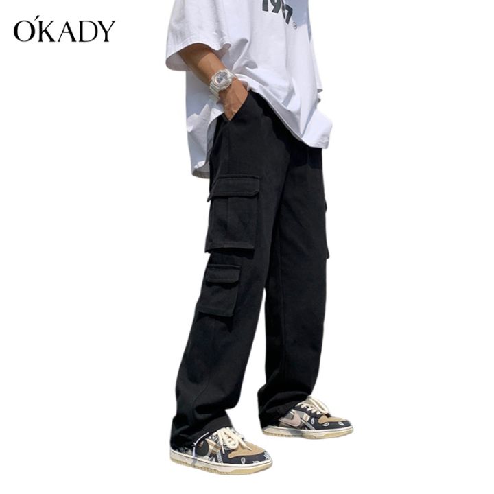 okady-กางเกงผู้ชายฤดูใบไม้ผลิและฤดูใบไม้ร่วงใหม่สบายๆหลวมกางเกงผู้ชายหลายกระเป๋าหลวมเกาหลีแฟชั่นสีทึบ-pants