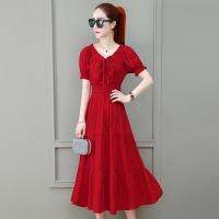 word Shoulder Short Bubble Sleeves Tea-Length Big Swing High Waist Slim A-Line Chiffon Simple Blue Red Cocktail Dresses 9939