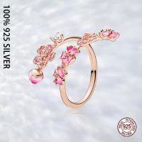 {BUSA Fashion Accessories} Fit เดิมแท้925เงินสเตอร์ลิงสีชมพู Cherry Blossoms แหวนแฟชั่นผู้หญิงงานแต่งงานเครื่องประดับ