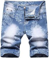 Mens Denim Shorts Classic Style Flower Printing Blue Slim Fit Short Jeans