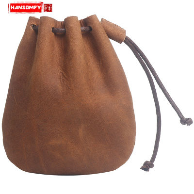 Coin Purse Retro Wallet Pure Genuine Leather Coin Bag Drawstring Beam Mouth Headset Bag Handmade Original Crazy Horse Leather