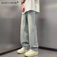 MAYCHEER ยีนส์ใส่สบายวินเทจสำหรับผู้ชาย,กางเกงผ้าเดนิมทรงหลวมขาตรงบาง