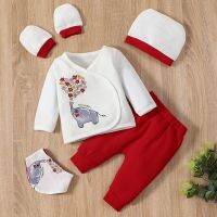 Baby Clothes Spring Fall Baby Girl Outfit Cotton 5 Pcs Sets Love Elephant Tops trousers hat Gloves Bibs Baby Boy Outfit 0-24M