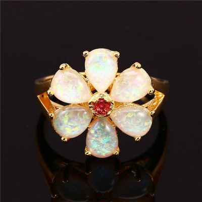แหวนแต่งงานหินวางโอปอลน้ำดอกไม้สีแหวนสีทอง-สีเงินสีขาวฟ้าสำหรับผู้หญิงเครื่องประดับ