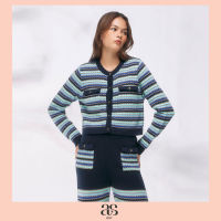 [asv pf23] Leyla Stripe Knitted Cardigan เสื้อคาร์ดิแกนผู้หญิง ทรงครอป แขนยาว คอกลม แต่งกระเป๋าหน้า  ผ้านิตทอลายทาง