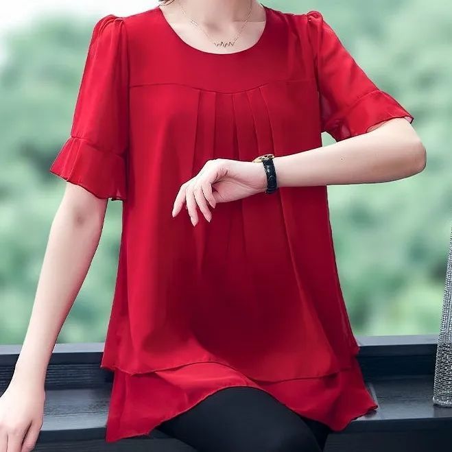 เสื้อชีฟองแขนสั้นผู้หญิงขนาดใหญ่บางครอบคลุมเสื้อชีฟองเกาหลีหลวมเสื้อชีฟองอเนกประสงค์