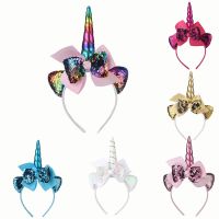 New Unicorn Horn Hairbands for Kids Girls Party Headwear Sequin Ribbon Bows Headbands for Children Photography Props