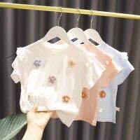 Girls T-shirt 2022 New Thin Soft Short Flower Sleeve Tops with 3D Flowers Princess Blouse