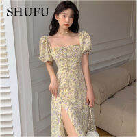 SHUFU 5107 สต็อกพร้อม สไตล์เกาหลี ดอกไม้ เดรสชีฟองสำหรับผู้หญิง พลัสไซส์ คอเหลี่ยม แขนสั้น ชุดแม็กซี่