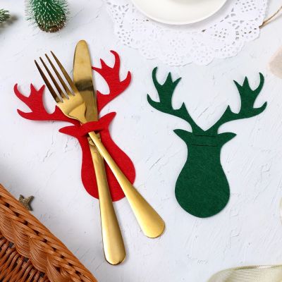 Hot 4Pcs Christmas Tree Cutlery Fork Covers Table Decor Elk Xmas Tableware Pocket Holder Bags New Year Xmas Party Decorations