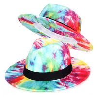 ผู้หญิง Fedora มัดย้อม Multicolor ปีกกว้างรู้สึกปานามาหมวกจิตรกรรมคริสตจักรดาร์บี้หมวกด้านบนสไตล์พิเศษที่มีห่วงโซ่สีดำ