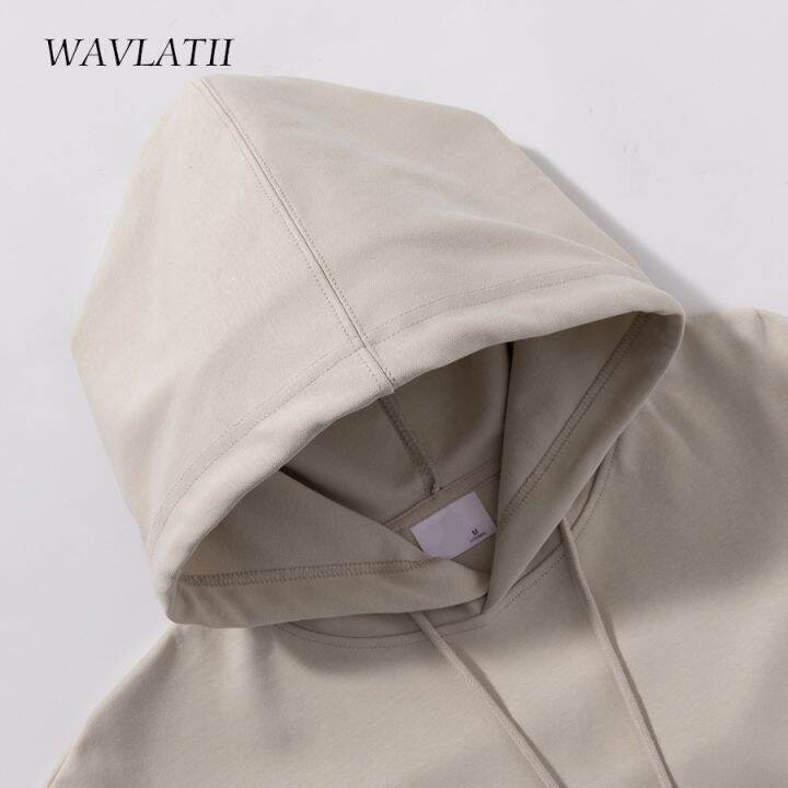 wavlatii-เสื้อฮู้ดผู้หญิงโอเวอร์ไซส์-เสื้อมีฮู้ดเสื้อแนวสตรีทโอเวอร์ไซส์สีกากีสีขาวทึบผ้าฝ้ายลำลองเสื้อ-wh2276แบบสปอร์ต