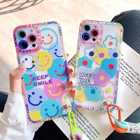 Haojia เคสโทรศัพท์} เคสแบบนิ่มลายดอกไม้ยิ้มได้หลากสีน่ารักสำหรับ Iphone 14 13 Pro Max 12 11 XR XS 7 8 Plus SE เคสมีสายคล้องมือ