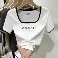 พร้อมส่ง เสื้อยืดแขนสั้น คอสี่เหลี่ยม ผ้าเรยอน พิมพ์ลายตัวอักษร สไตล์เกาหลี ฮาราจูกุ เรียบง่าย แฟชั่นฤดูร้อน สําหรับผู้หญิง V728