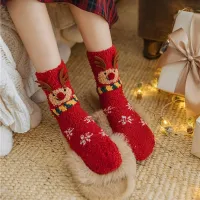 LUO ถุงเท้าเด็กผู้หญิงลายสโนว์แมนน่ารัก,ถุงเท้าแฟชั่นหญิงถุงเท้าทรงท่อกลางถุงเท้าเนื้อกำมะหยี่ฤดูหนาว