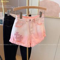 COD Hot sale Pink Gradient Cross Denim Shorts Women s 2022 New High Waist Curled Straight Pants