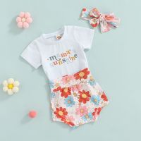 FOCUSNORM Infant Baby Girl 3pcs Clothes Sets 0-24M Letter Short Sleeve T Shirts Sunflowers Printed High Waist Shorts Headband  by Hs2023