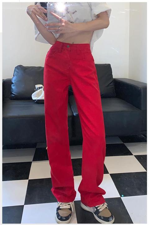 กางเกงขากว้างเอวสูงสีแดงย้อนยุคแนวสตรีทสไตล์กางเกงยีนส์ขาตรงทรงหลวมกางเกงขายาวผู้หญิงผ้าบางใส่สบาย