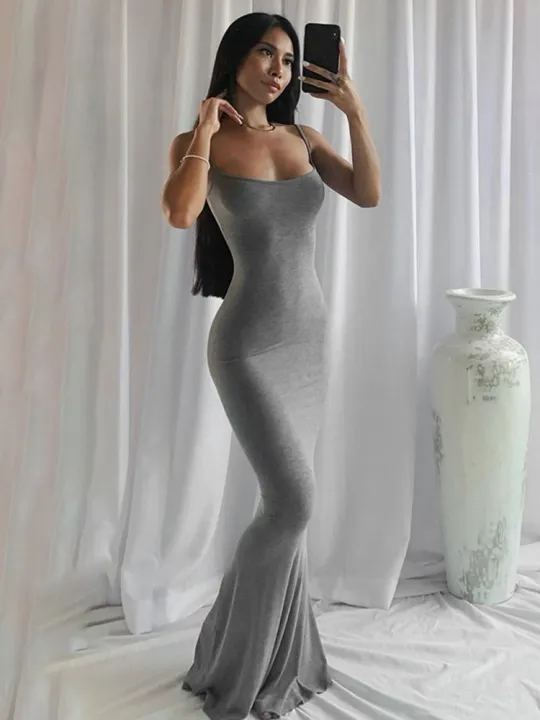 Women Backless Sexy Maxi Dress 2022 Spring Satin Slip Sleeveless Slim