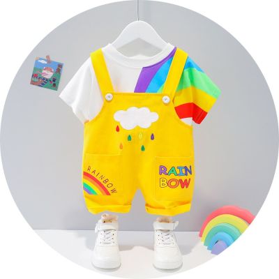 New Summer Fashion Baby Clothes 2 Pcs Sets Cartoon Rainbow Short T-shirt+suspender Pants Colorful Baby Boy Girl Clothes Set 0-3Y