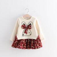 【CW】 and autumn new children  39;s clothes medium sized girls cute rabbit floral bow plus velvet stitch