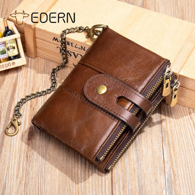 TOP☆EDERN Genuine Leather Dual Zipper Wallet for Men Anti-theft Chain RFID Anti-magnetic Short Wallet Retro Cowhide Coin Purse Card Holder