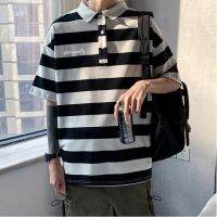 287303G เสื้อโปโลลายทาง ชายง่ายบุคลิกภาพเสื้อยืดคอกลม คอปกโปโลคู่รักสวมใส่ เสื้อผ้าผู้ชาย