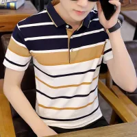 Polo shirt เสื้อโปโลแขนสั้นผู้ชายฤดูร้อนแขนสั้นผ้าฝ้ายบางลายทางธุรกิจเสื้อโปโลปก DQC