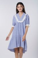 EP เดรสสั้นลายทางแต่งลูกไม้ ผู้หญิง สีฟ้า | Flare Stripe Dress with Lace Detail | 4509