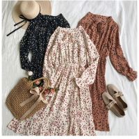 Ready Stock Spring Autumn Summer Fashion Korean Casual Womens Chiffon Dresses Floral Printing Long Sleeve Elegant Midi dress