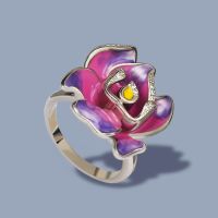 Silver Rings for Women Pure 925 Silver Plated Gold Color Delicate Purple Blooming Flower Fine Jewelry Handmade Enamel