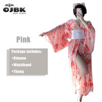 OJBK Japanese Kawaii Pink Kimono With White Bow-Knot Waistband And Thong Sexy Maid Cosplay Costumes For Woman AV Outfit 2020 New